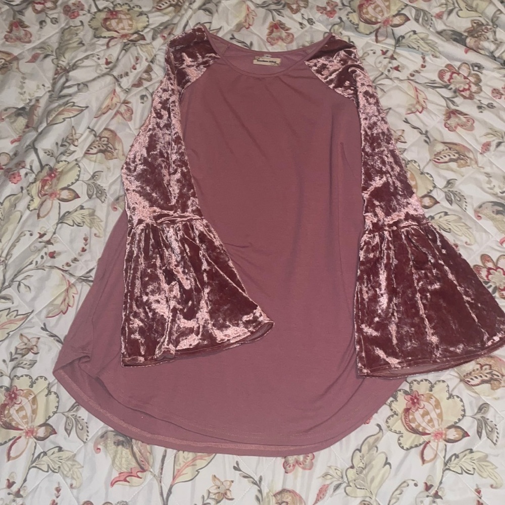 southern stitch, small, pink long shirt, velvet bell sleeves